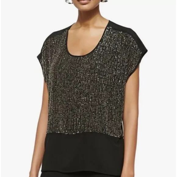EILEEN FISHER Women's M Black 100% Silk Sequin Top Rivulet Crepe de Chine Blouse - Picture 2 of 10